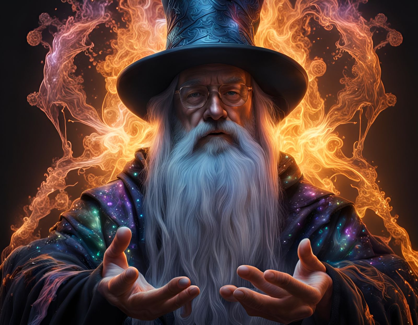 Wizard Surrounded by Glowing Elemental Magic