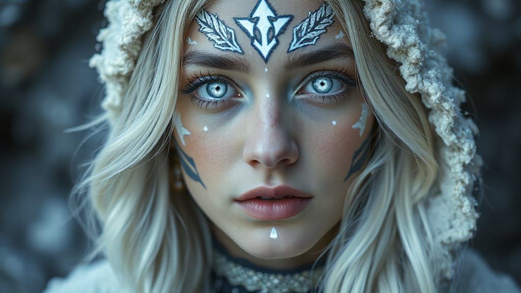 Snow Girl with Magic Tattoos and Glowing Eyes