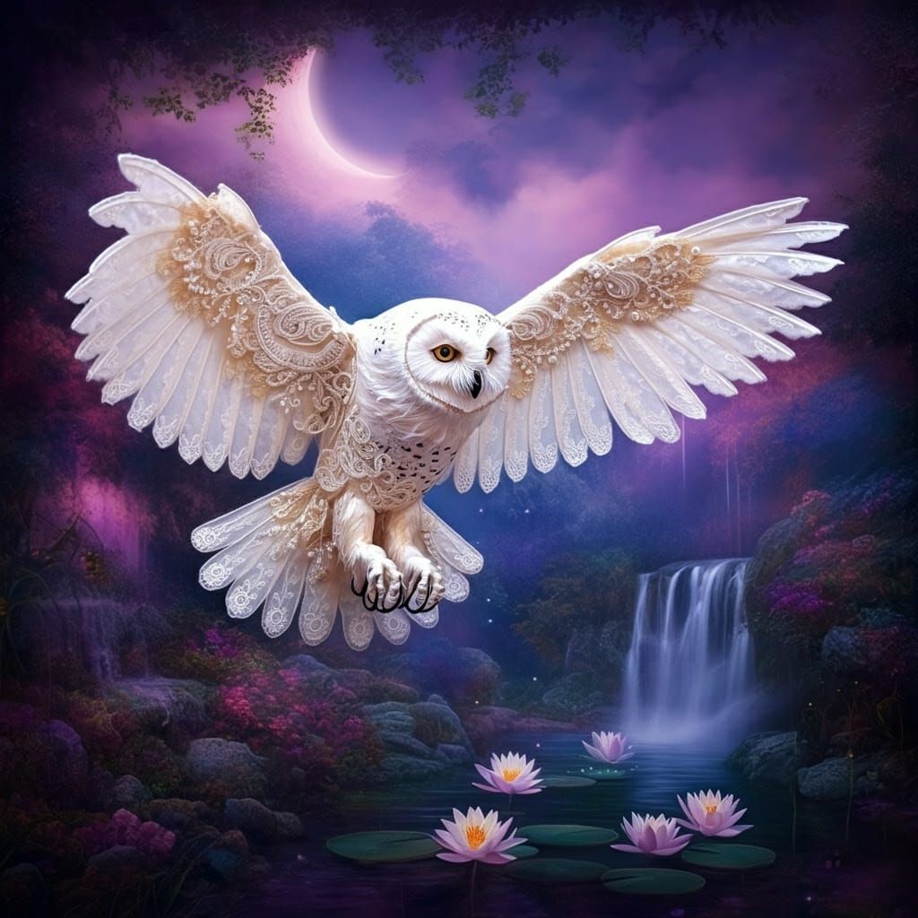 Ethereal White-Lace-Owl in Whimsical Fantasy Landscape