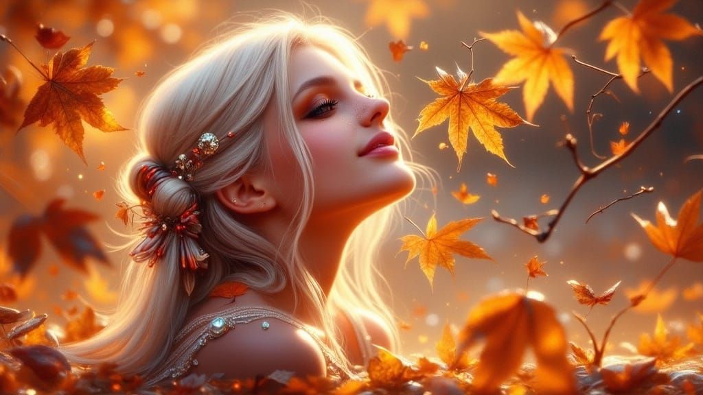Joyful Woman in Autumn Leaves, Gothic Makeup