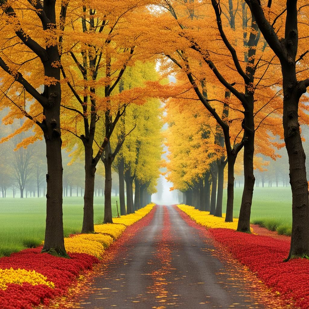 Autumn Lane with Colorful Fall Flowers