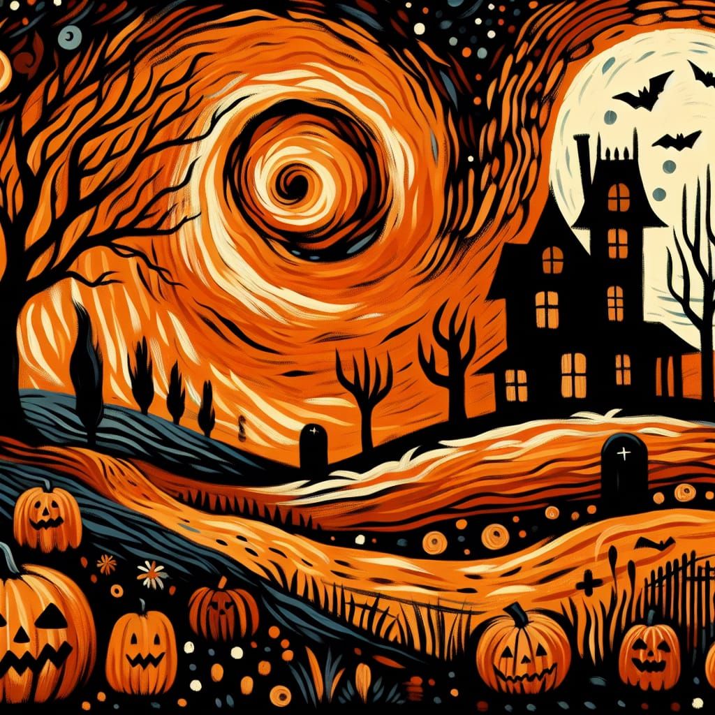 Halloween Landscape in Van Gogh-Inspired Folk Art Style