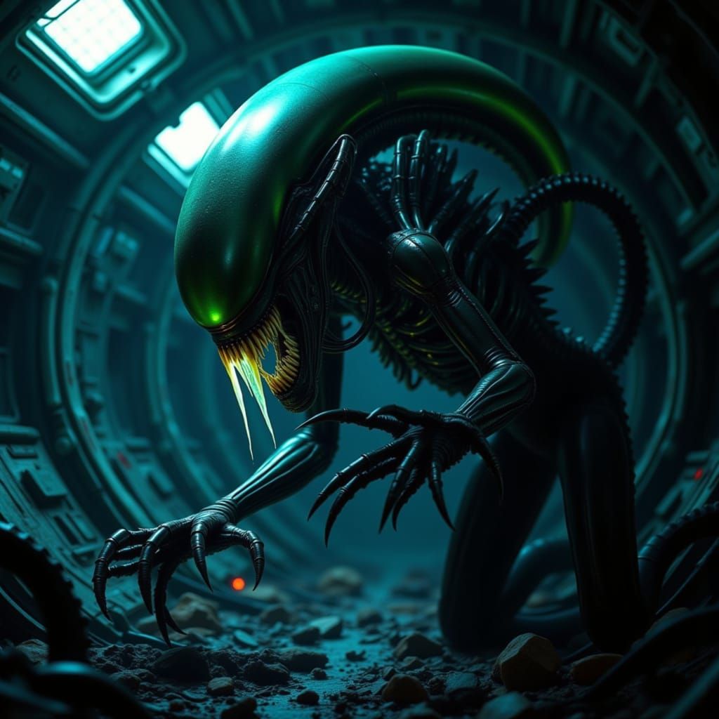 Bioluminescent Xenomorph Lurking in Derelict Spacecraft