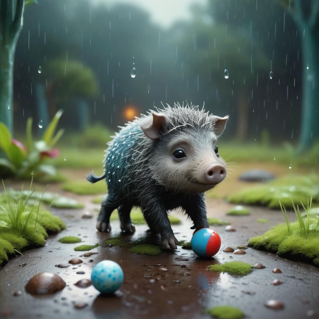 Adorable Rainy Pixar-Style Peccary with Ball