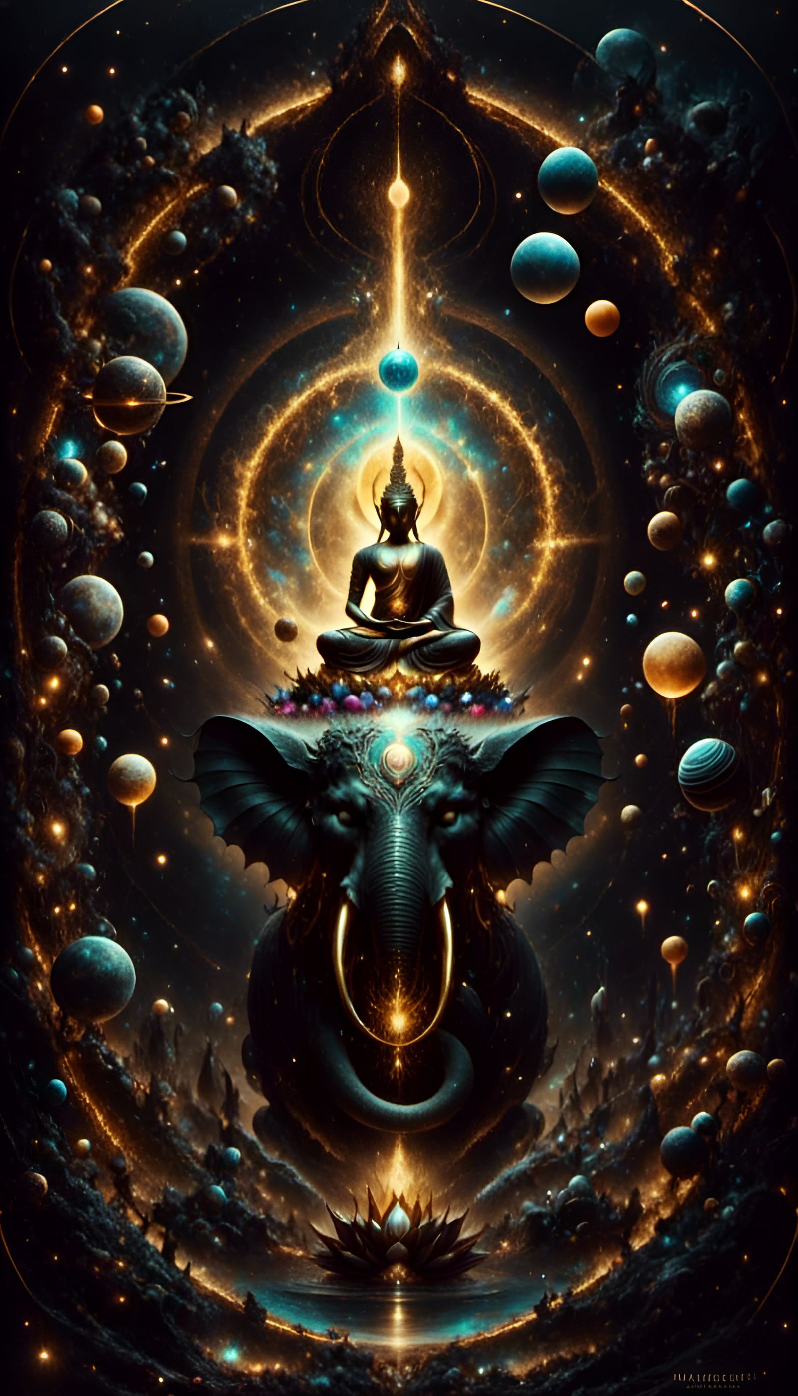 Alive Buddha and Bioluminescent Elephant in Space