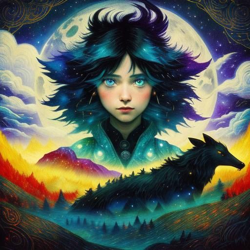 Mythological Moonlit Scene in Vintage Storybook Style