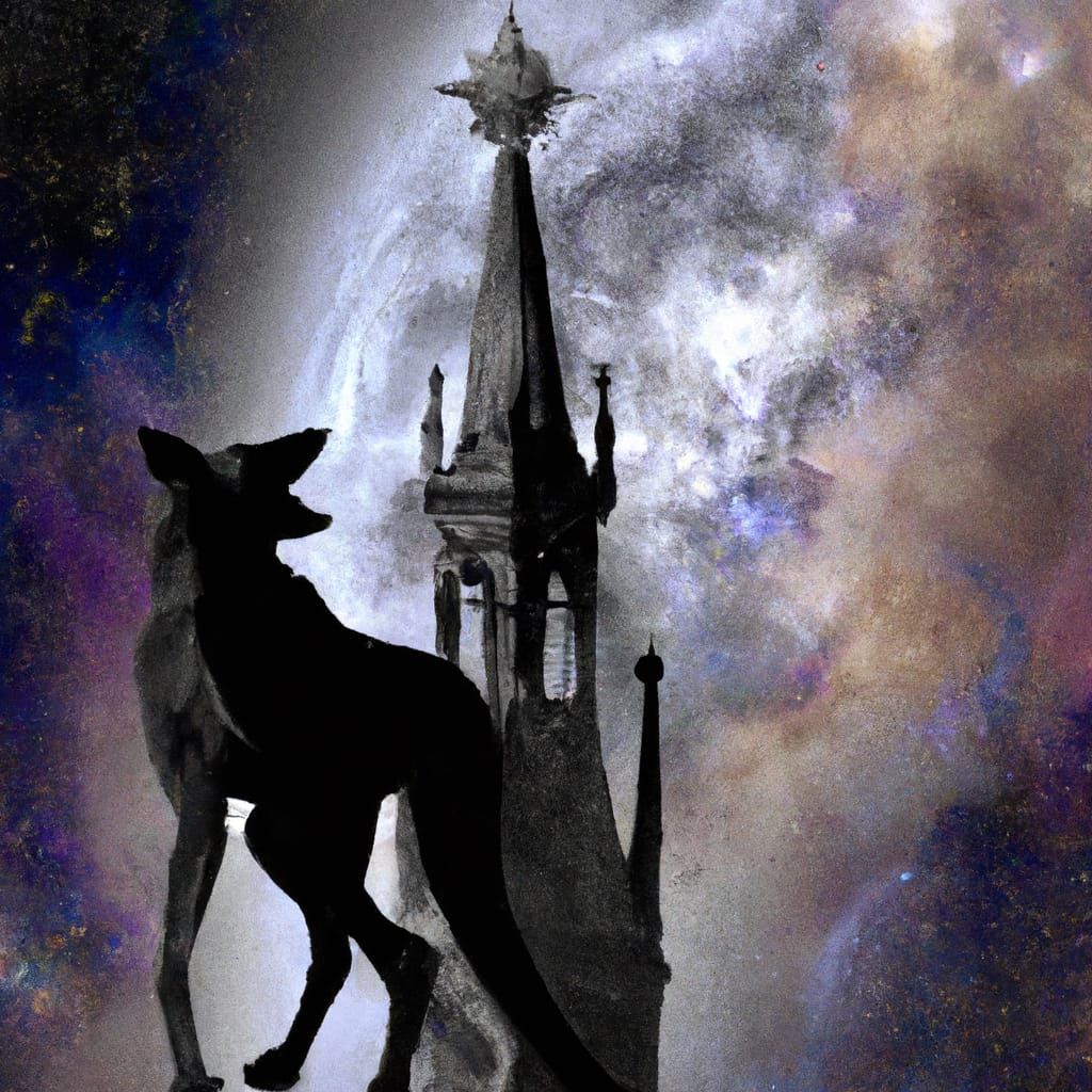 Phantom Wolf on Gothic Spire Under Celestial Sky