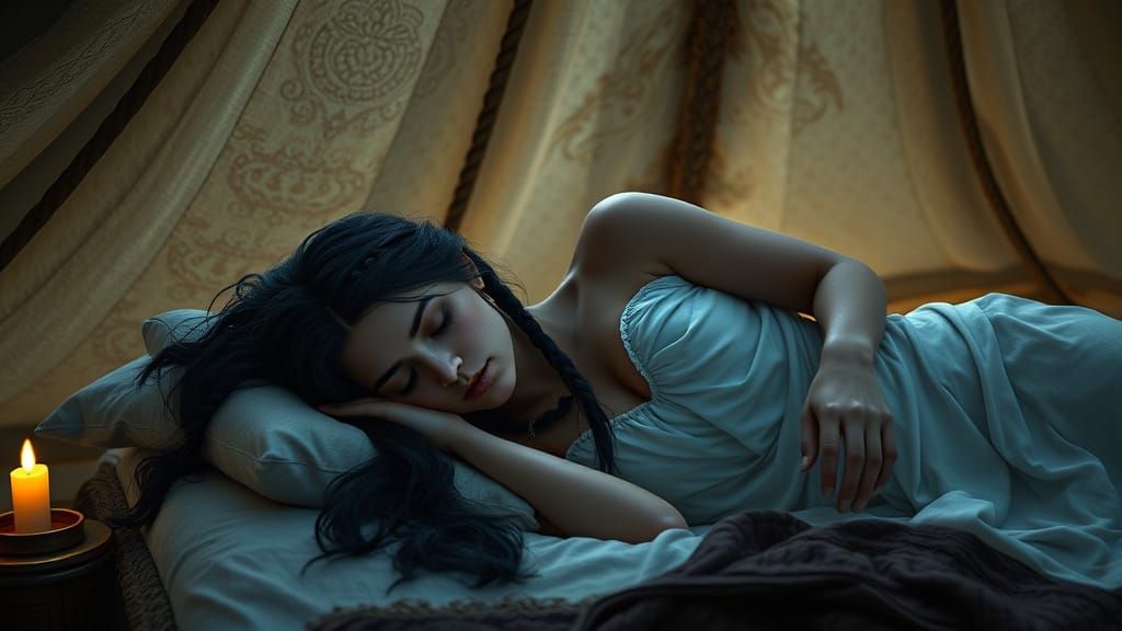 Anglo-Saxon Druid Priestess Slumbers in Her Saxon Tent
