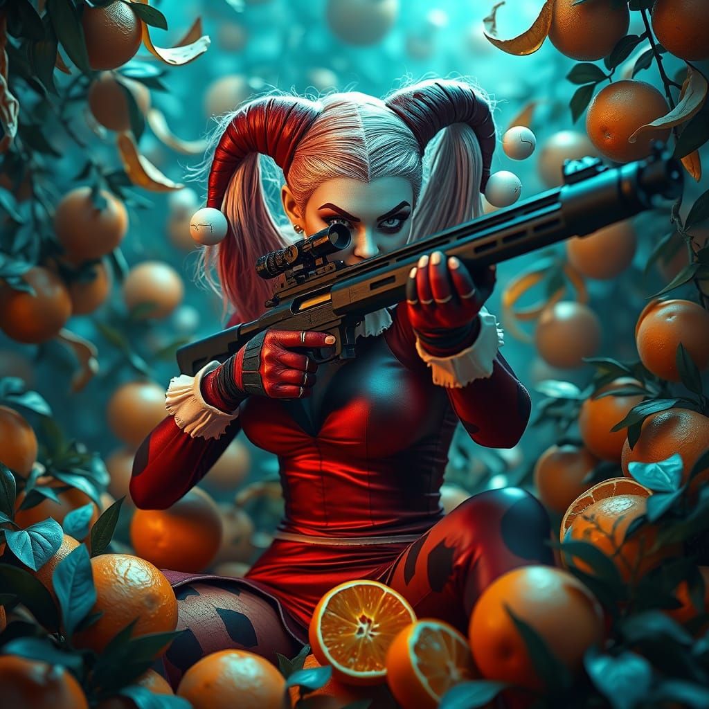 Harley Quinn with Sniper Rifle in Orange Grove