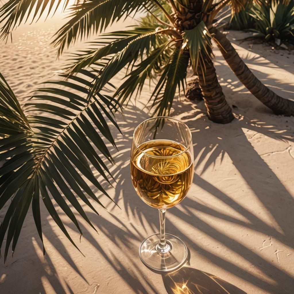 Photorealistic Wine Glass at Palm Tree Base