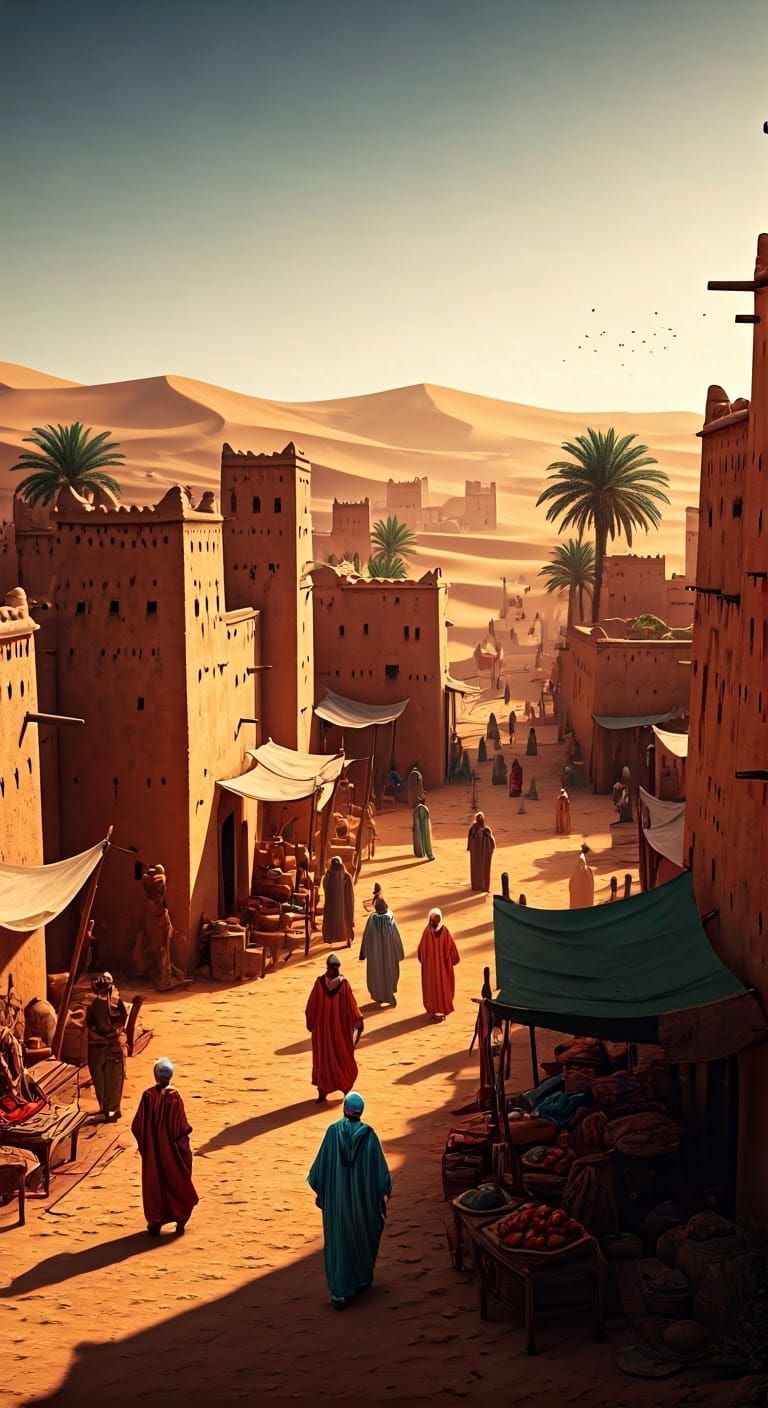 Moroccan Desert Village with Bustling Market