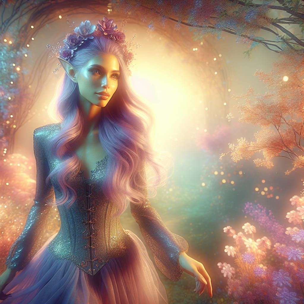 Purple-Haired Elf in Ethereal Pastel Flower Garden