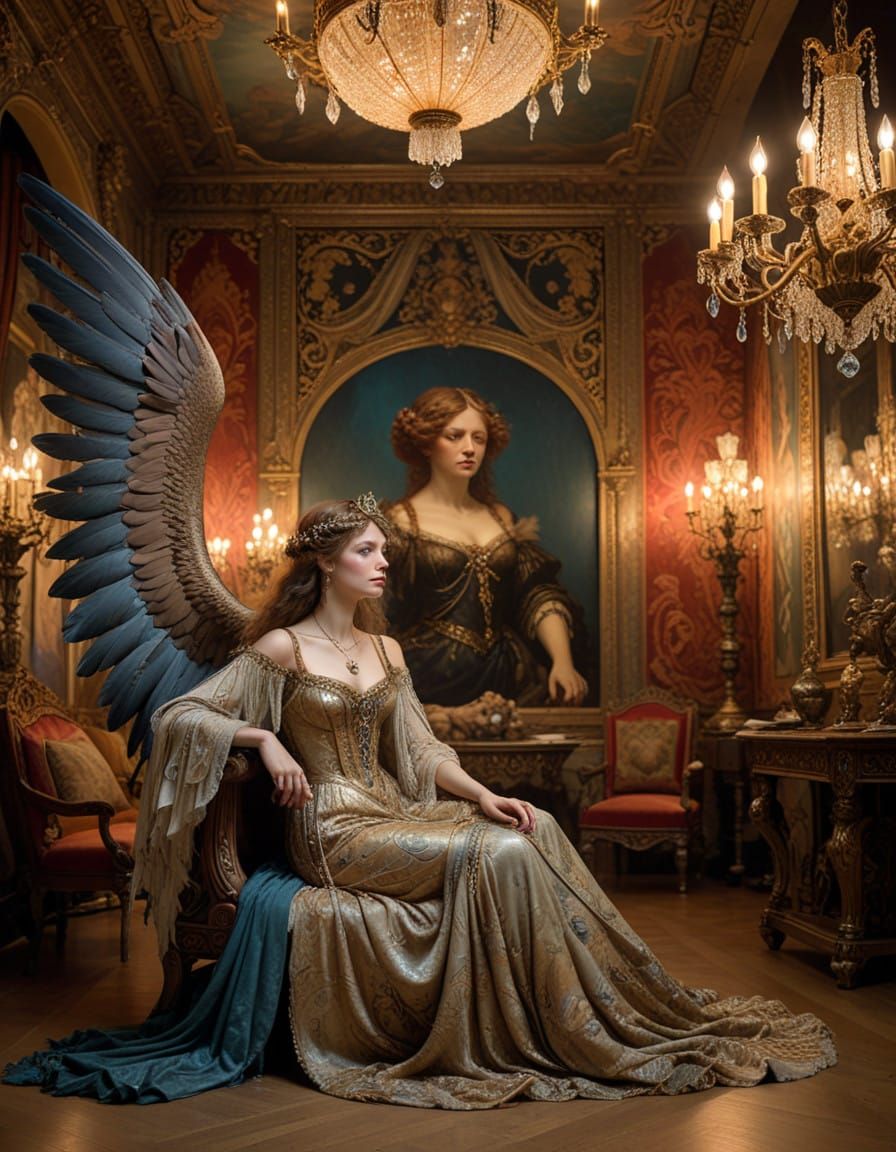 Elegant Woman with Eagle's Wings in Ornate Salon