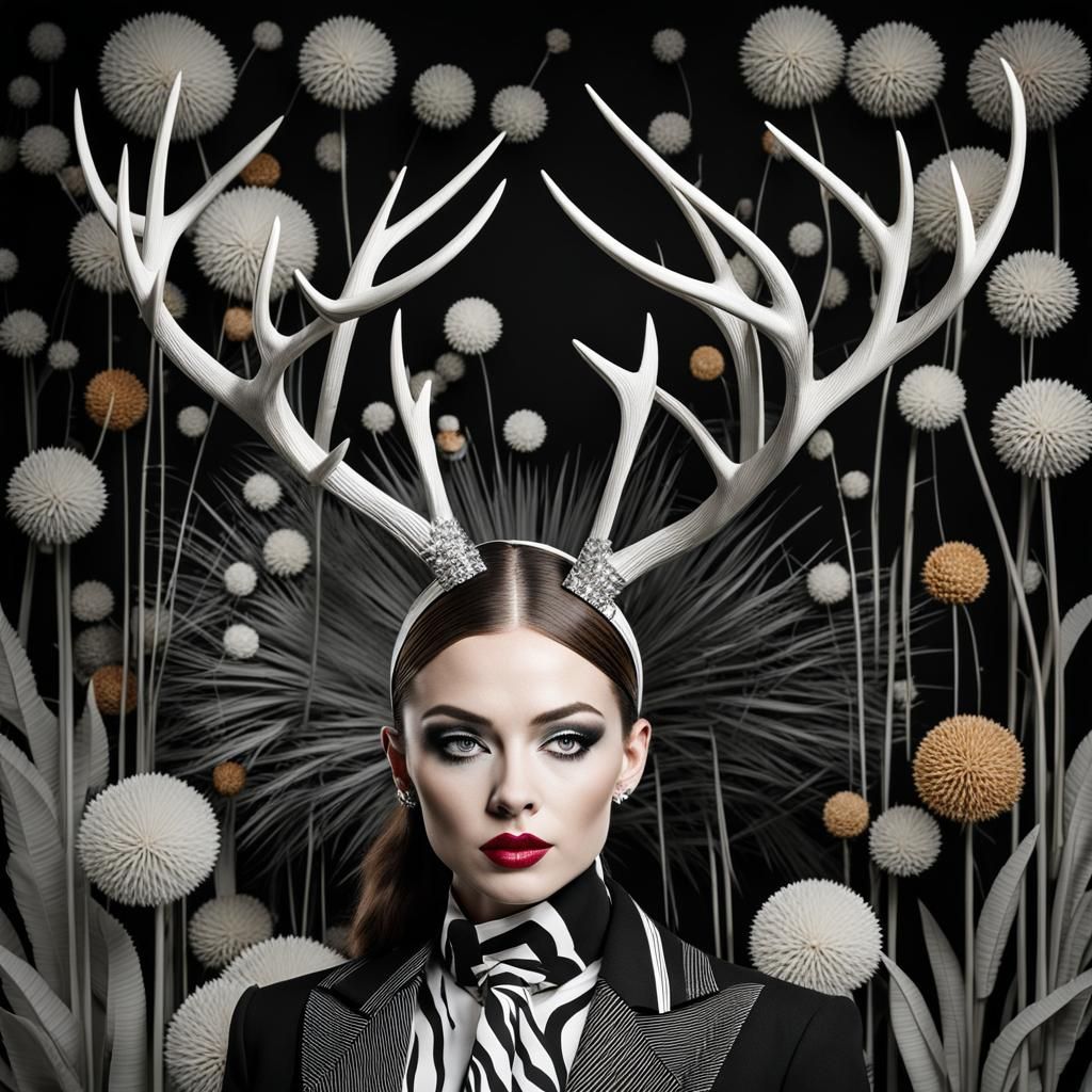 Woman with Antlers in Biomorphic Office