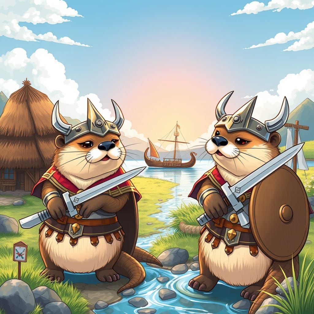 Otters as Viking Warriors in Vibrant Fjord Raid
