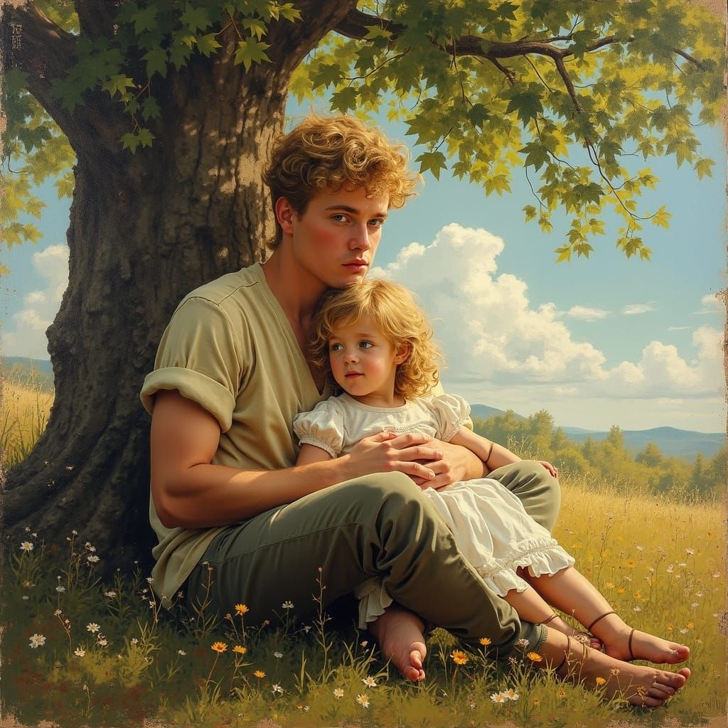 Vintage Painting of Man and Girl Under Oak Tree