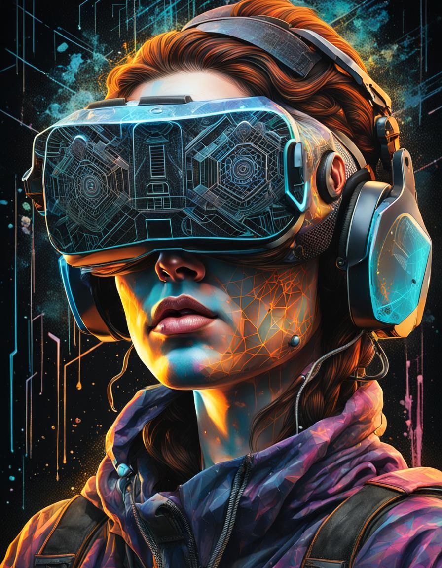 Woman with Sci-Fi VR Headset in Graffiti Art Style