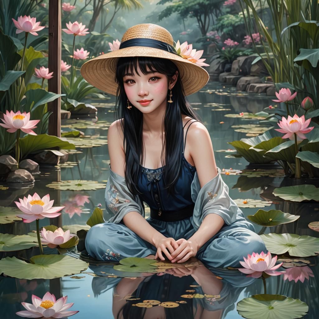 Girl with Lotus Flowers: Detailed Fantasy Art