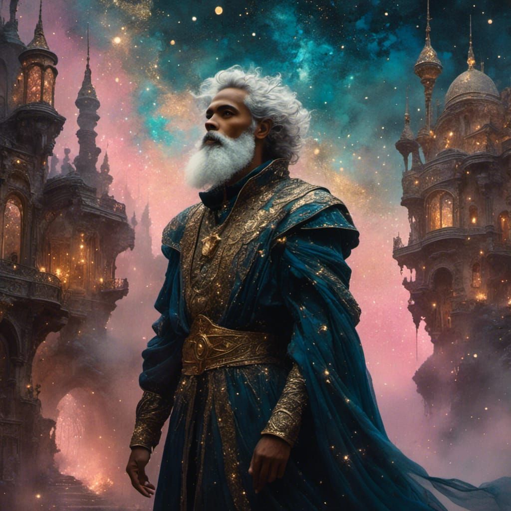 Medieval Man in Alien Town: Galactic Art Nouveau Portrait