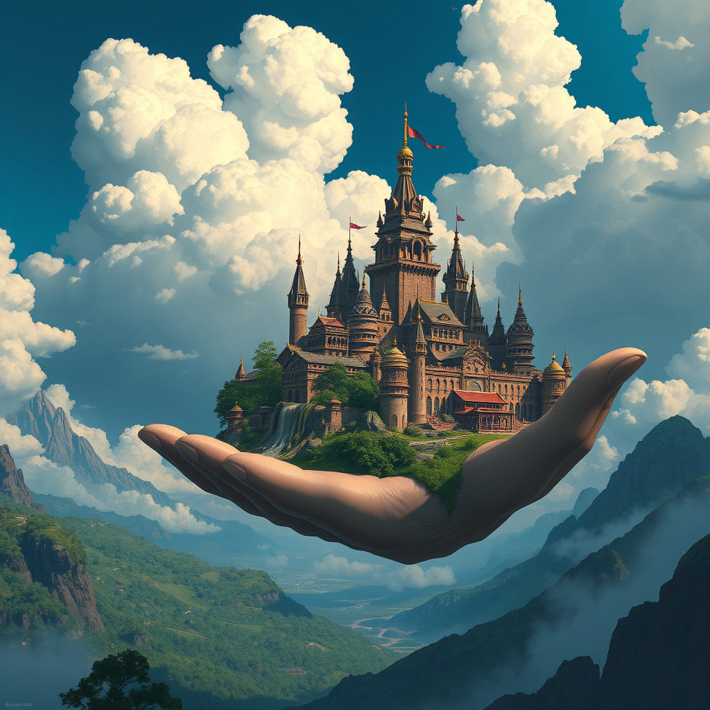 Majestic Kingdom Cradled in Giant Hand: Digital Art