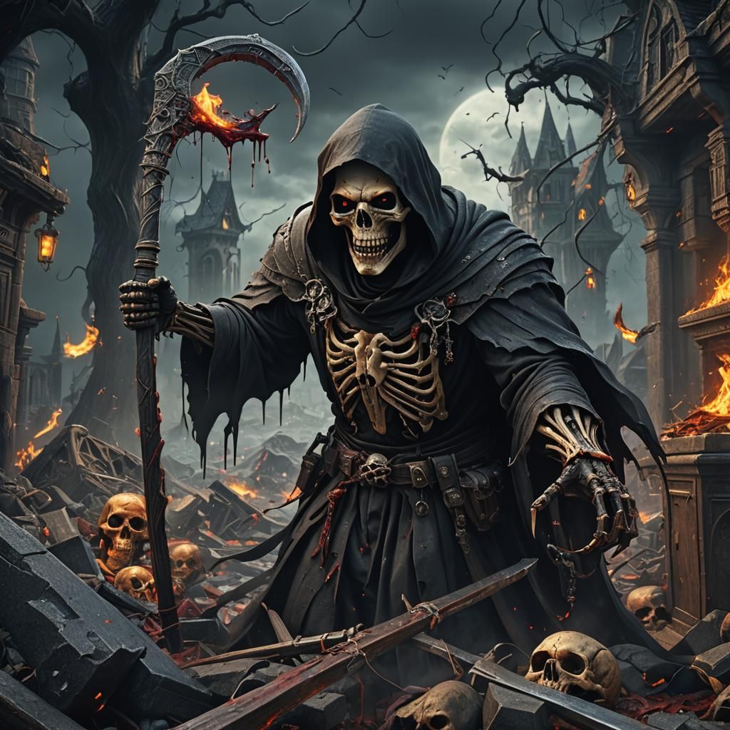 Grim Reaper's Stressful Day: Hyperrealistic Digital Art