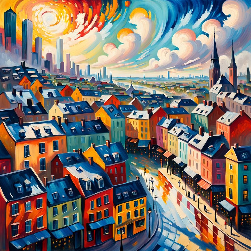 Neo-Impressionist Cityscape with Multicolored Street Art