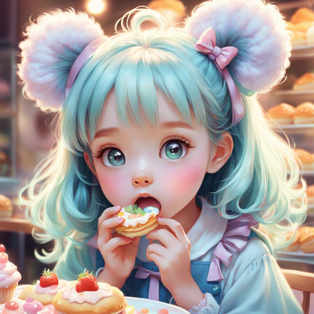 Kawaii Girl Eating Meal in Pastel Colors