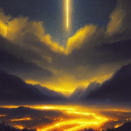 Golden Starfall Over Green Valley: Dark Fantasy Art