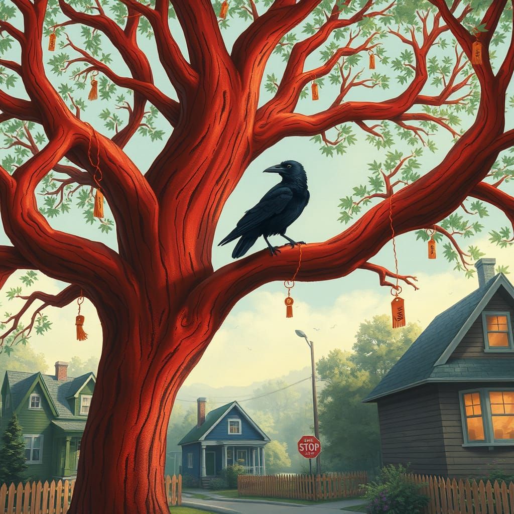 Majestic Red Oak Tree with Wishes in a Quaint Neighborhood