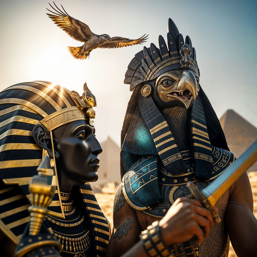 Osiris and Horus in Egyptian Desert Landscape