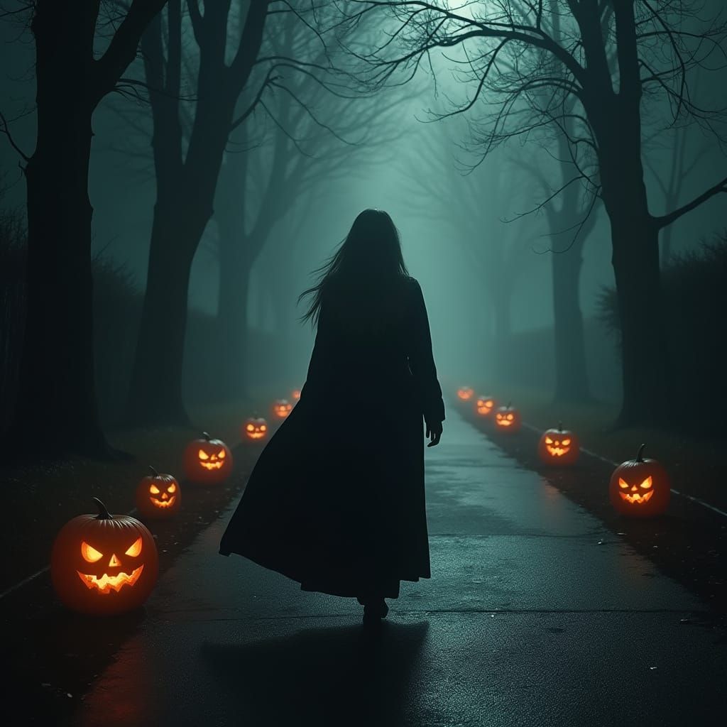 Witch on Misty Halloween Street in Digital Art Style