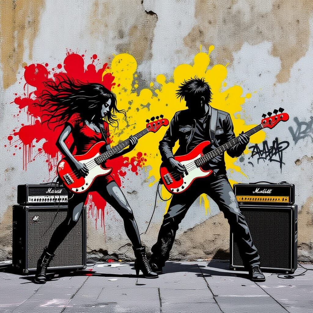 Street Art of Rock Couple Playing Guitars