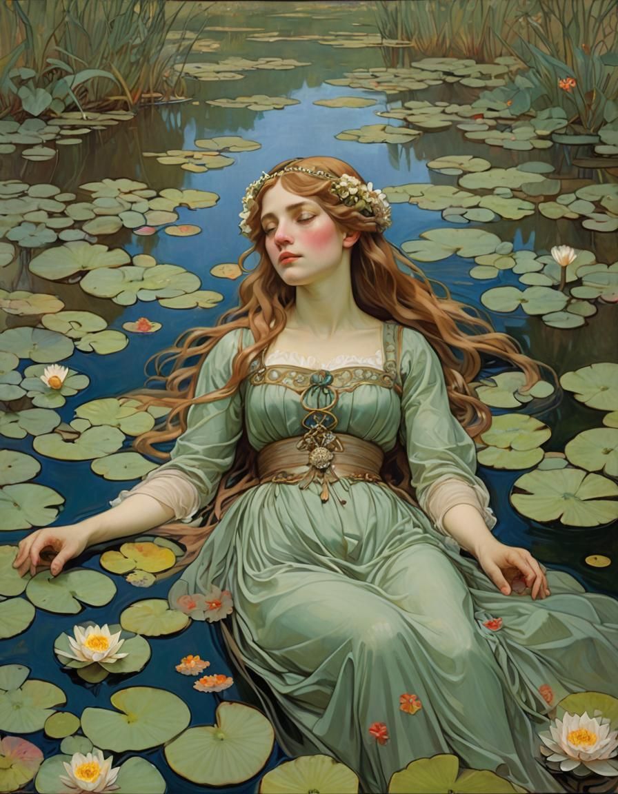 Ophelia lying in a pond full of Lilypads, half body portrait...
