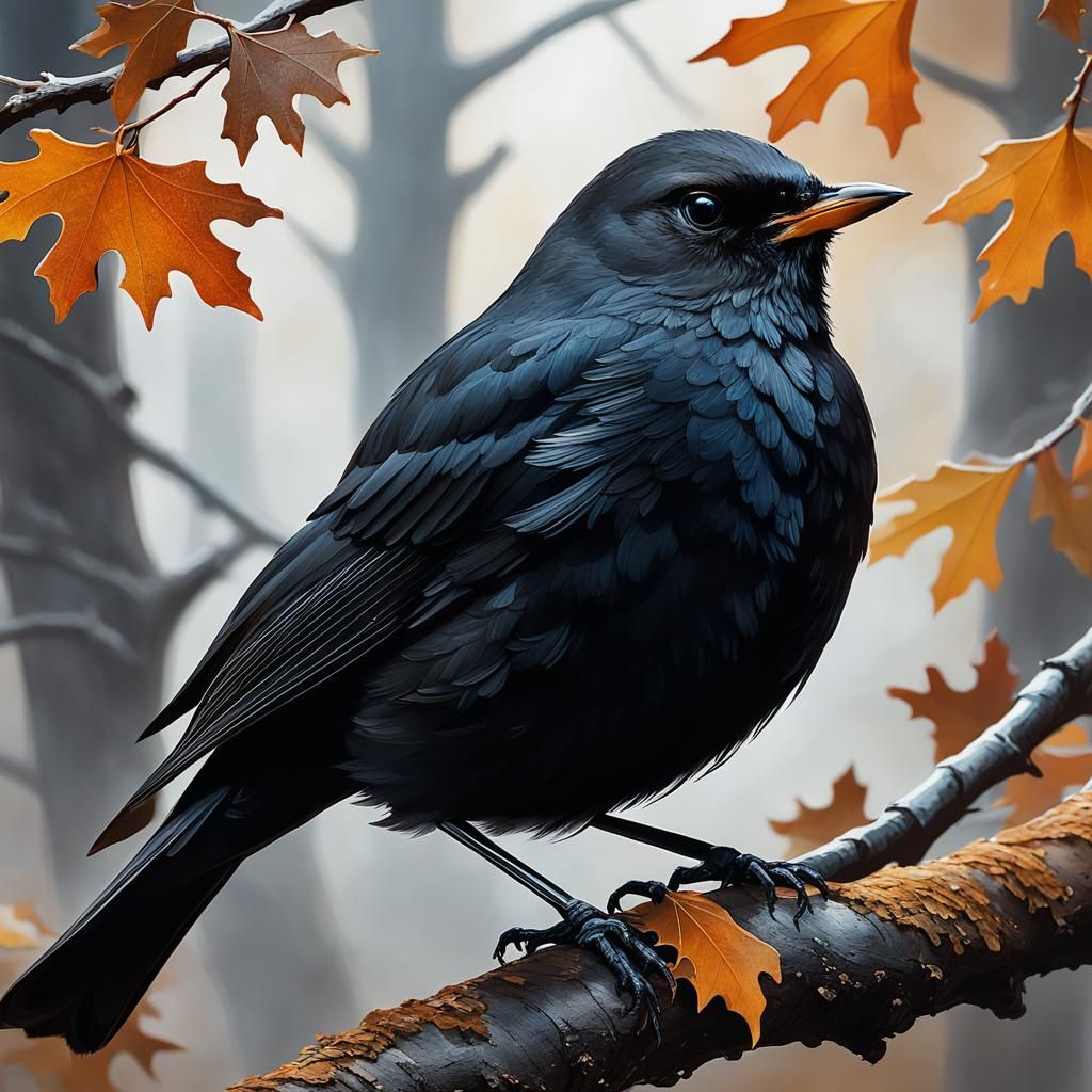 Blackbird on Oak Branch in Autumn: Splash Art