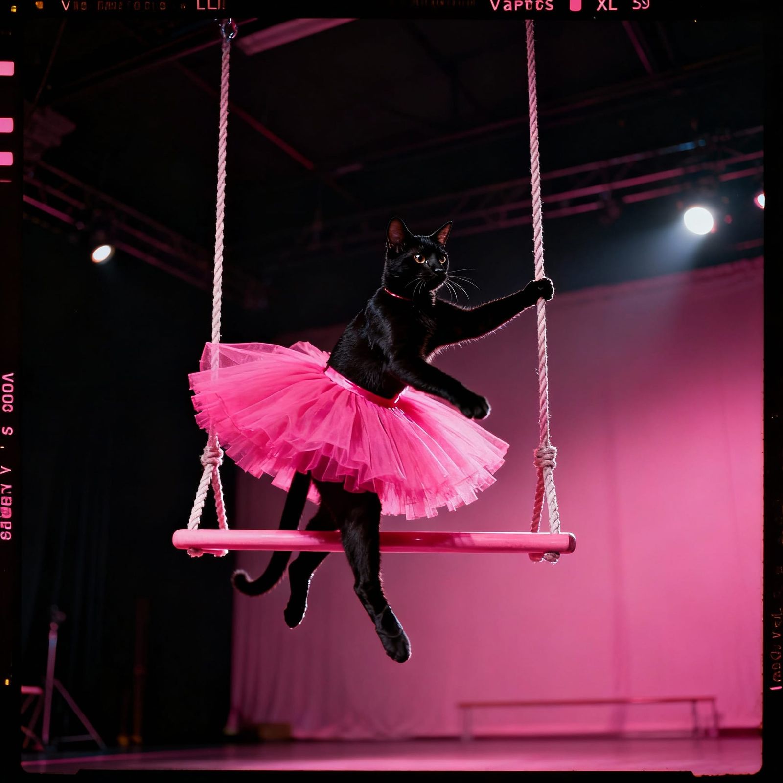 Black Cat Performs on Trapeze in Pink Tutu