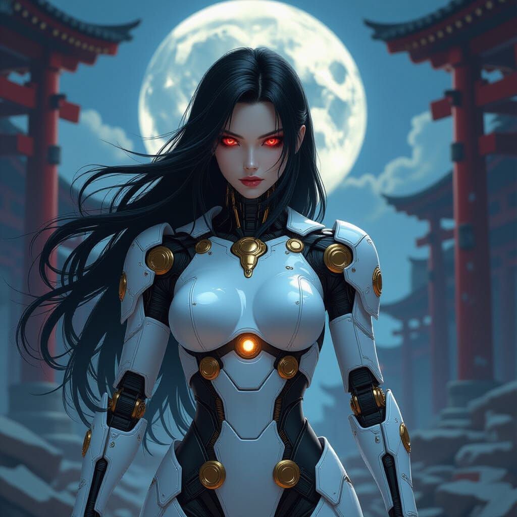 Cyborg Ronin in Ruined Temple, Anime-Inspired