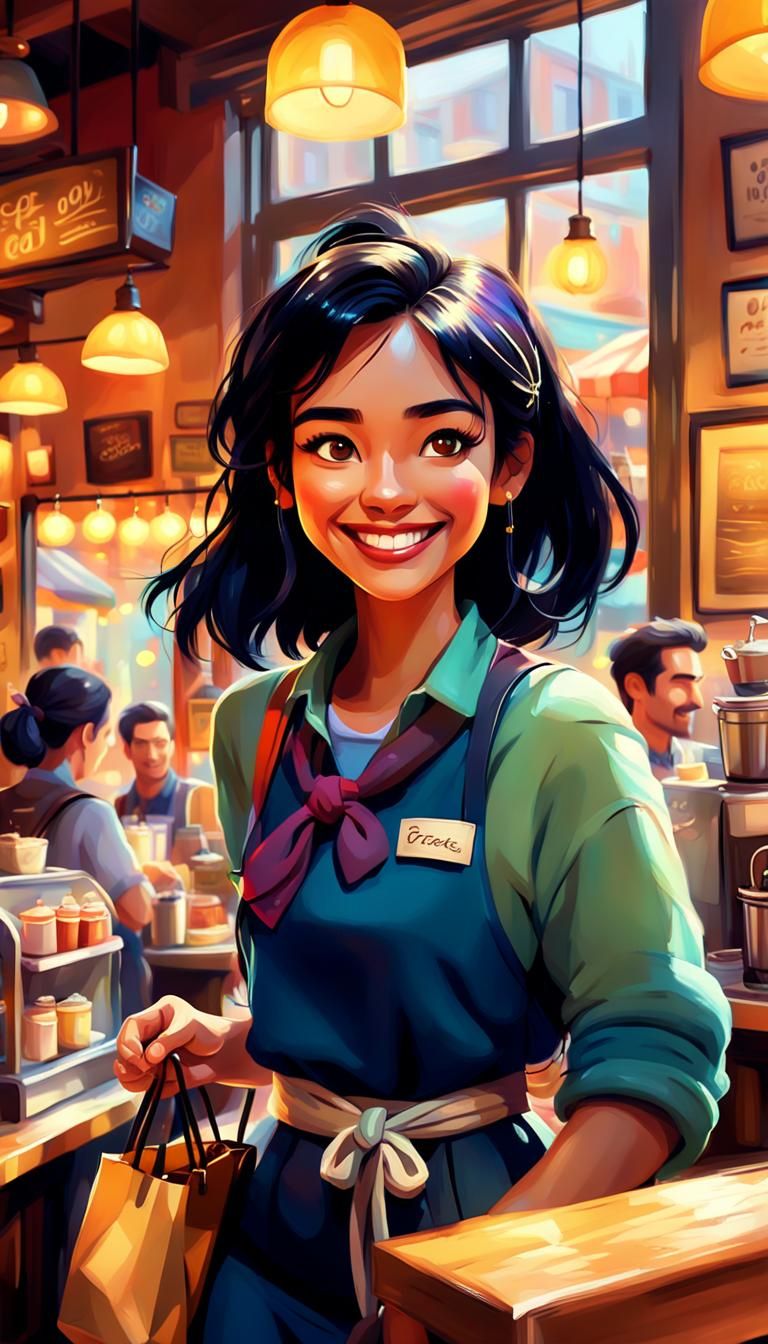 Pixar-Inspired Barista Girl in Cozy Cafe