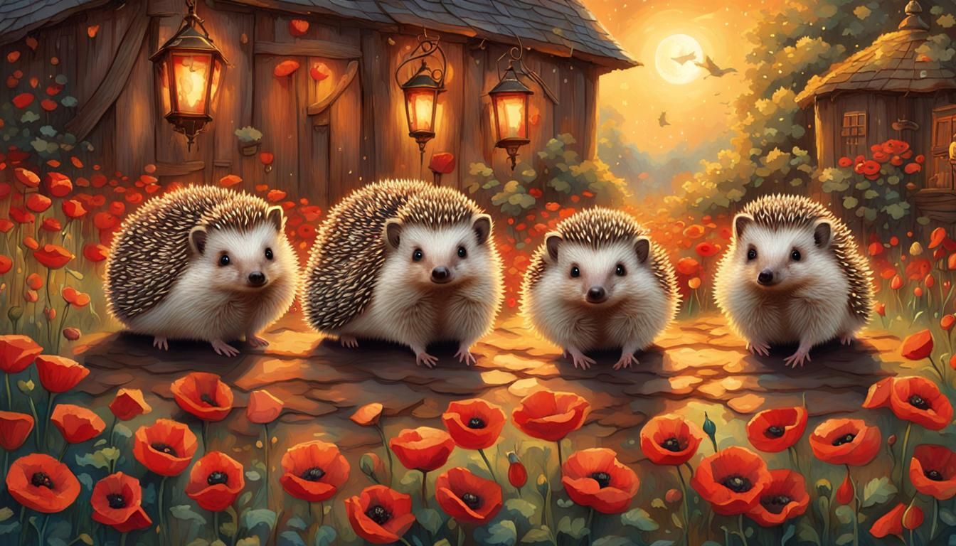 Disney-esque Hedgehogs in Poppy Field Fantasy Art