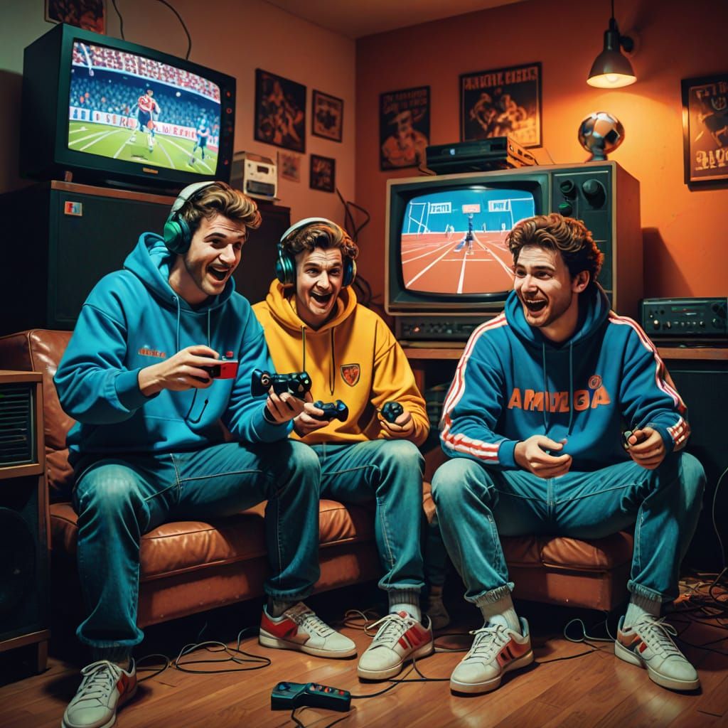Retro Gaming Friends in a 90s Youth Room