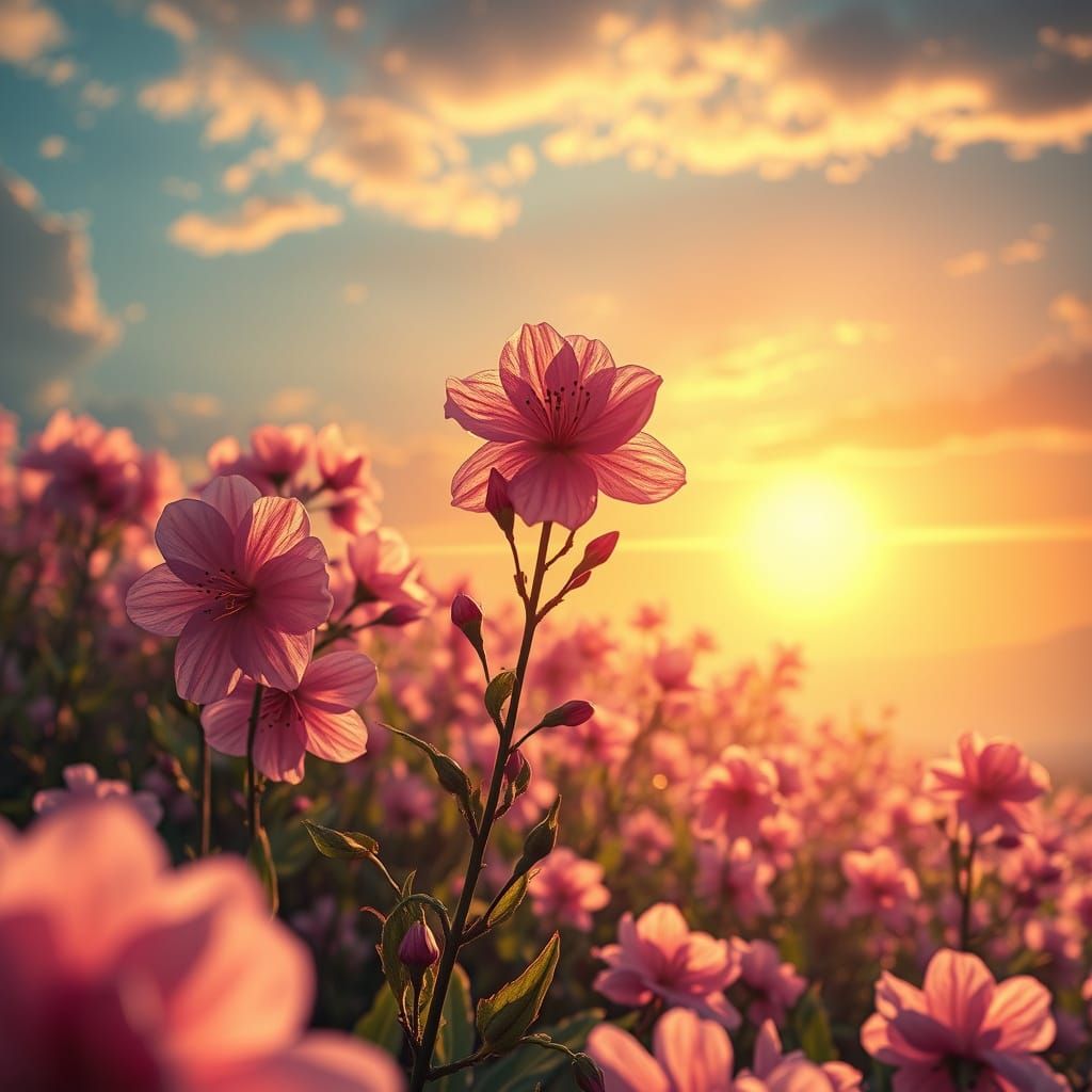 Vibrant Magnetic Vision over Sakura Blooms in Golden Sunset