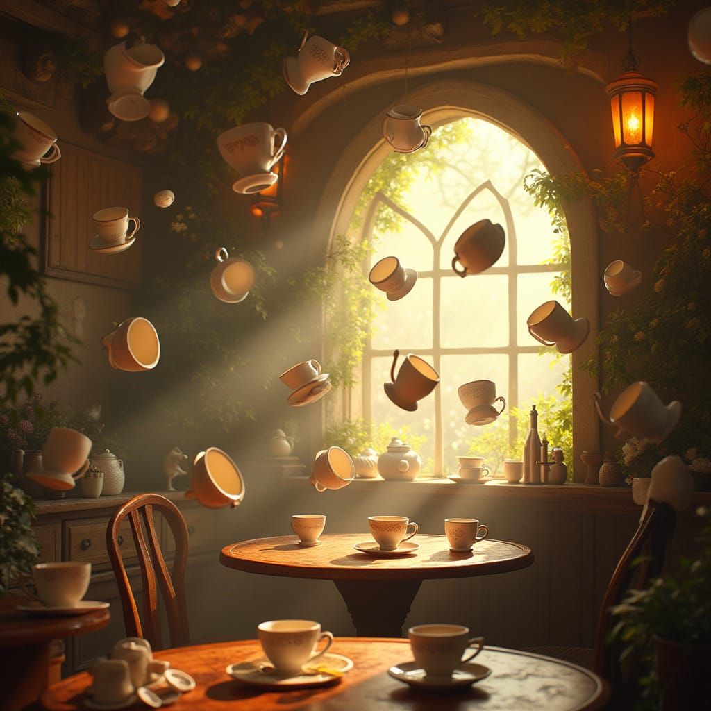 Whimsical Cafe With Floating Cups And Magical Spoons