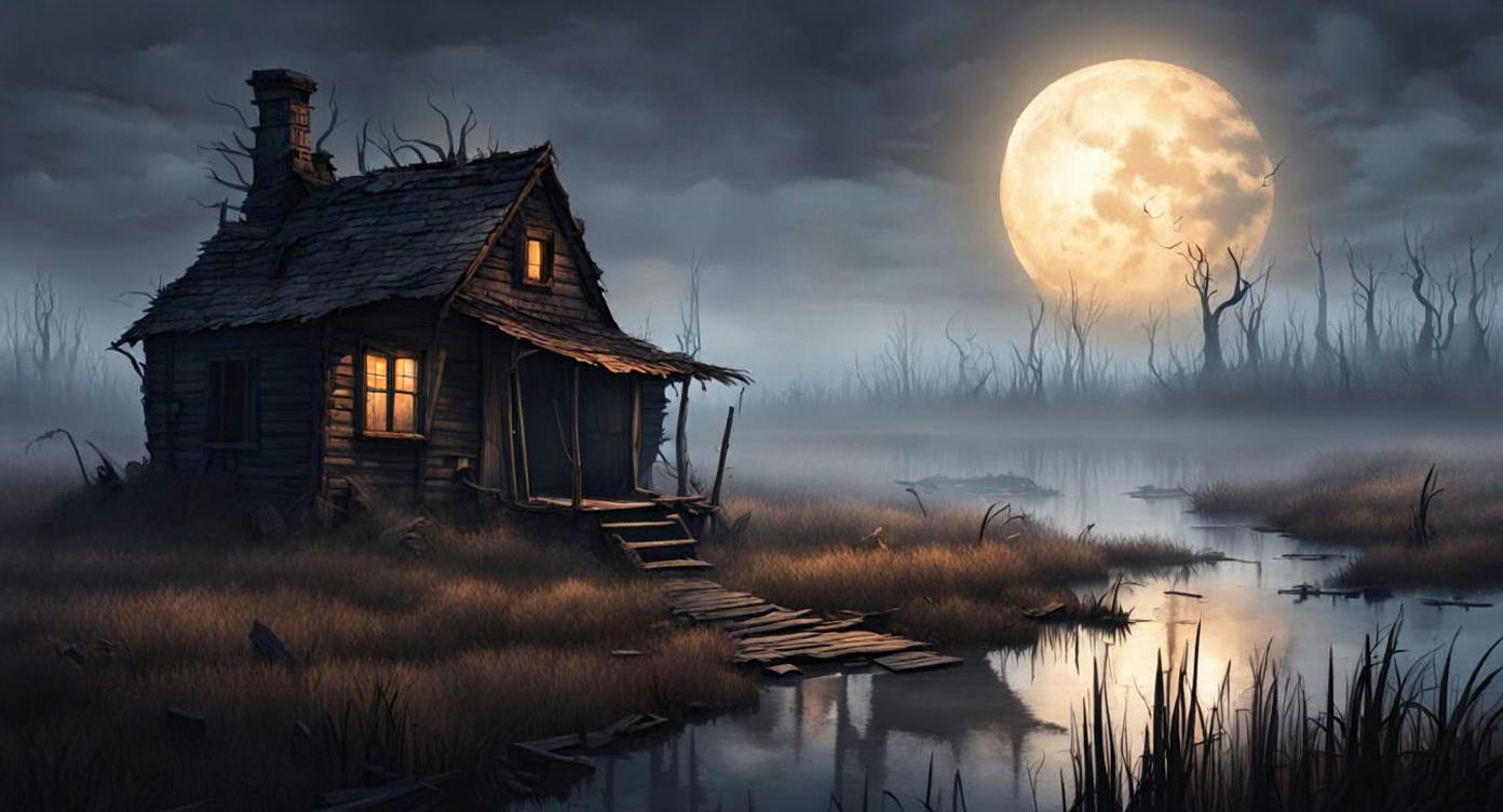 Abandoned Cabin in Dark Swamp: Fantasy Illustration