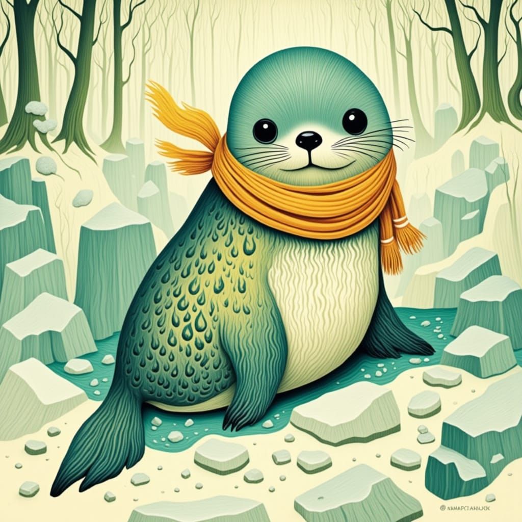 Cute Seal in Whimsical Woodcut Style
