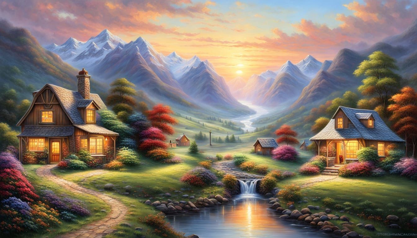 Sunrise Valley Scene in Whimsical Oil Painting Style