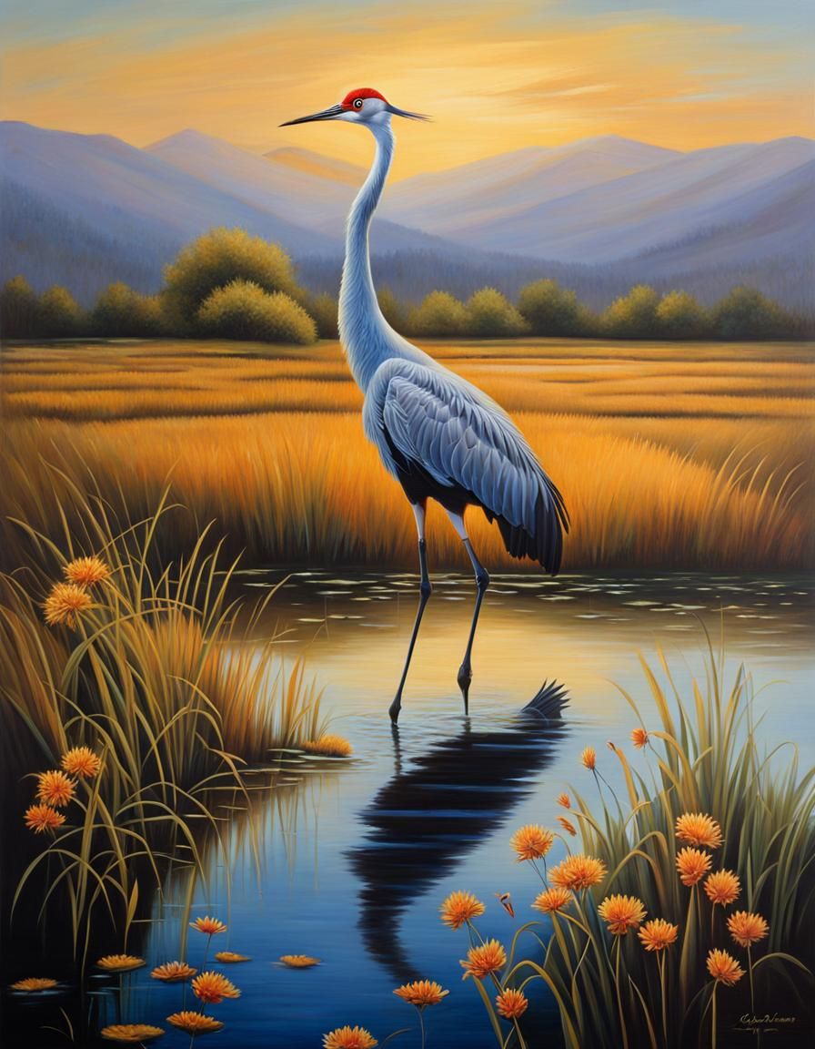 Sandhill Crane in Pond Oil Painting