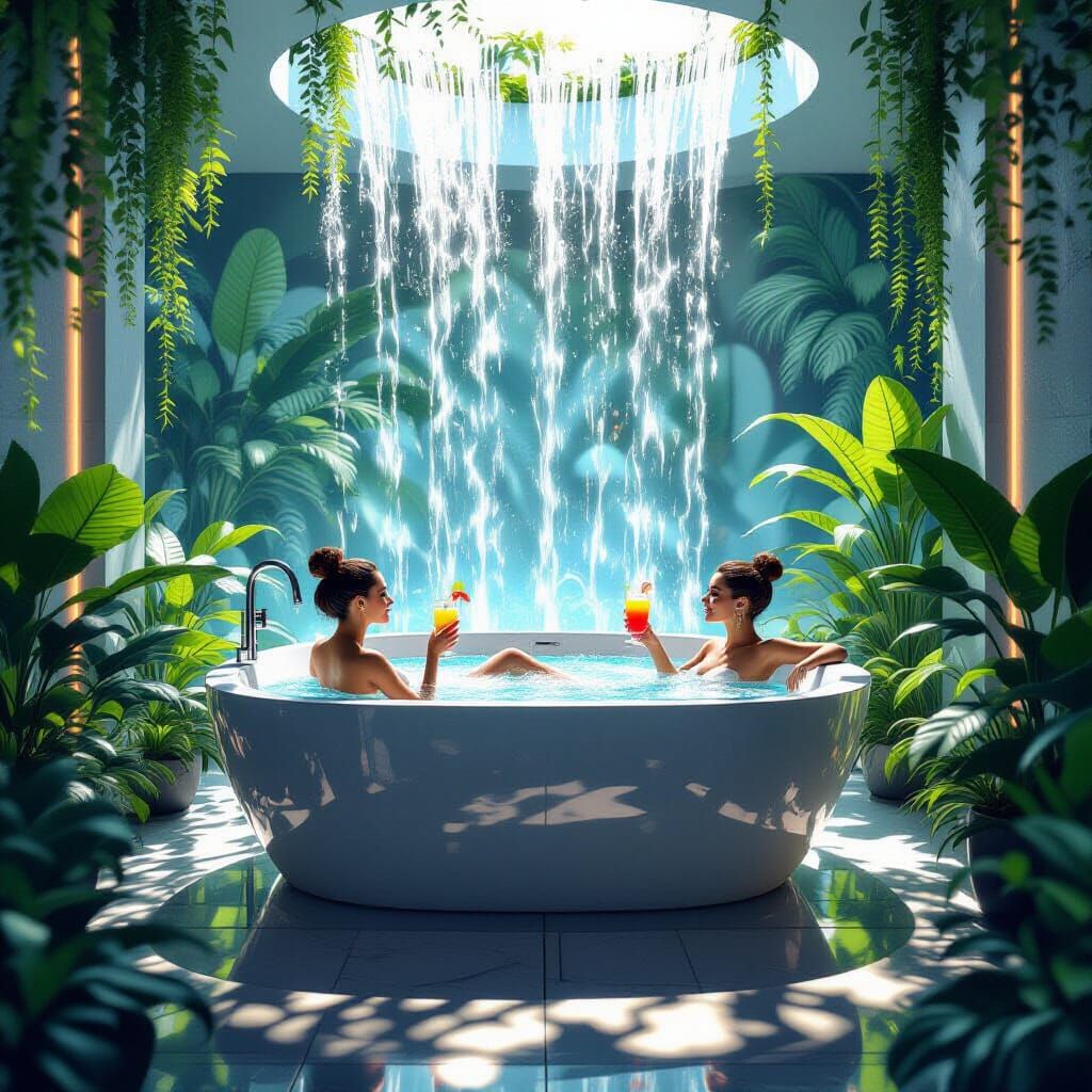 Futuristic Fashionista Relaxing in Waterfall Bathroom