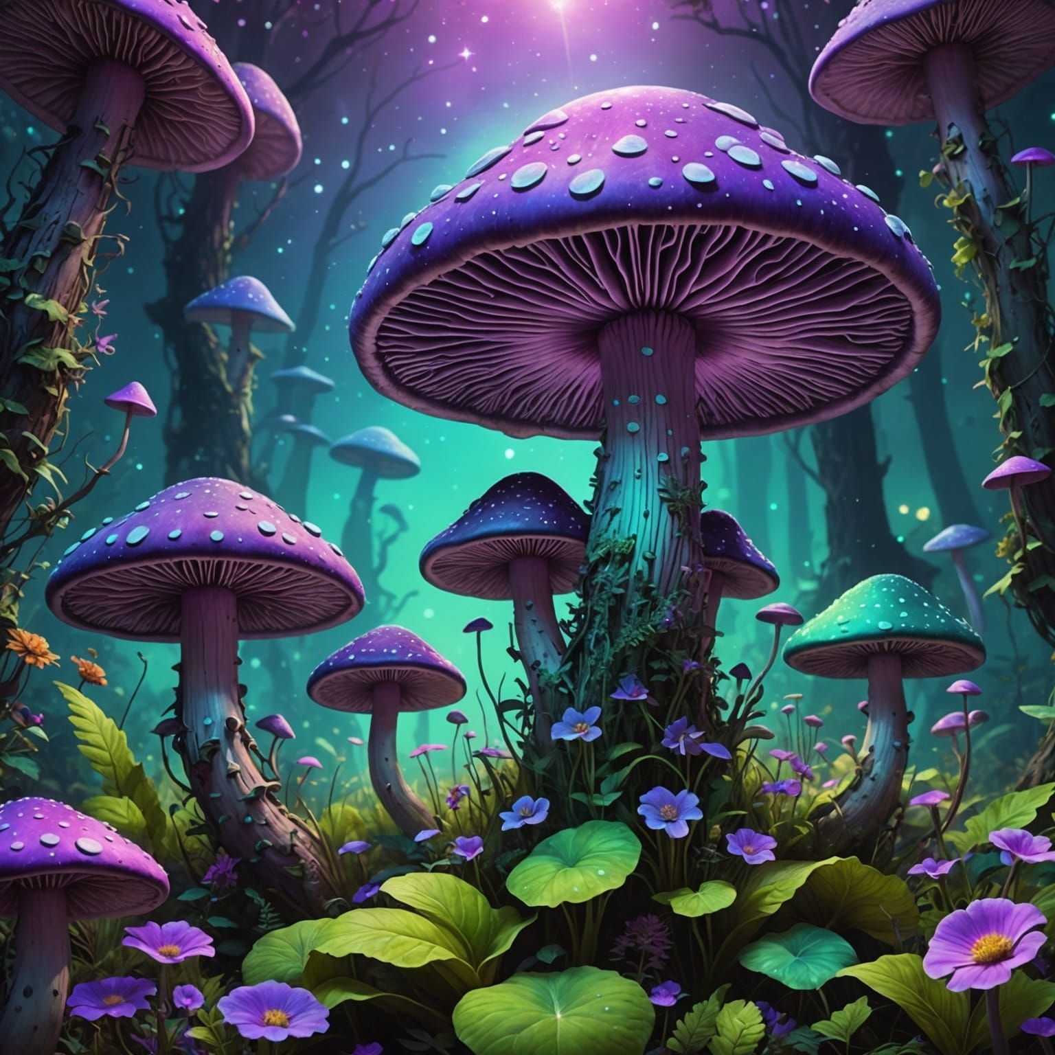 Giant Bioluminescent Mushrooms in Astral Cosmic Style