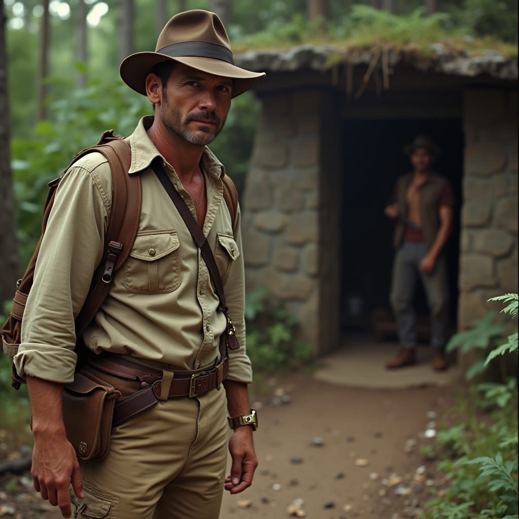 Adventurer in Forest Shrine with Mayan Statuette