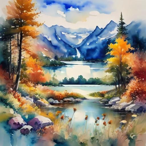 Autumn Mountain Lake: Watercolor Landscape
