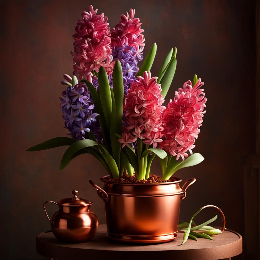 Hyacinths in Copper Pot with Volumetric Lighting
